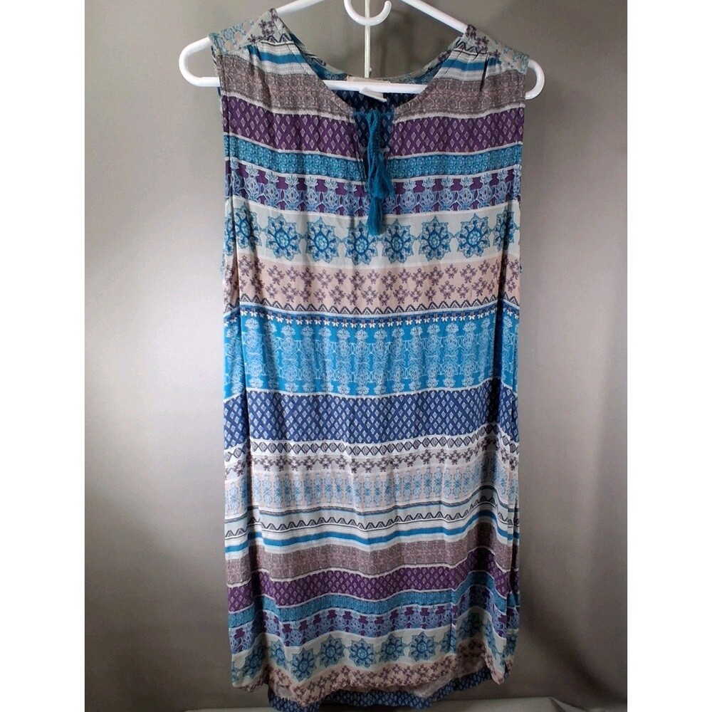 Beachlunchlounge Aqua Plum Boho Rayon Shift Dress Large Coastal